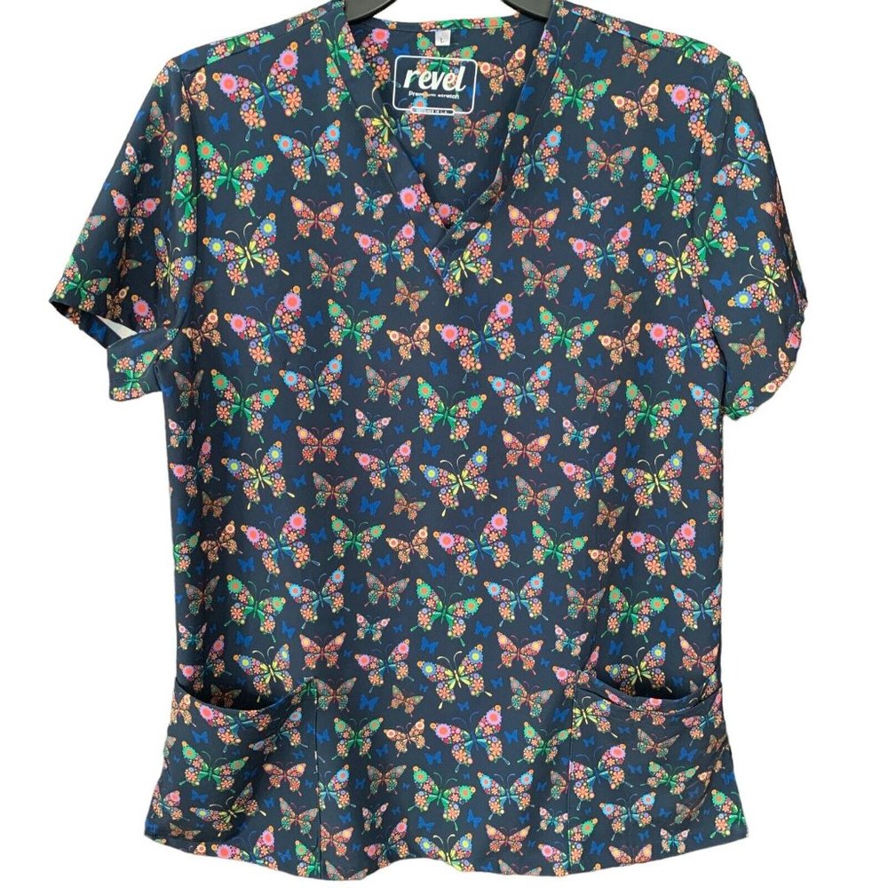 Revel Premium Stretch Scrub Large Blue Short Sleeves Pockets Women’s Top